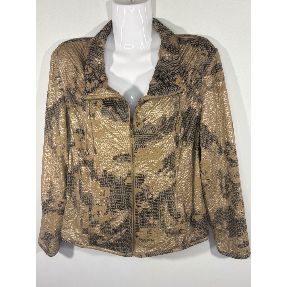 Ruby Rd Gold Sequin Zip Up Jacket Camo Bronze Textured Women's Size 14 Old Money